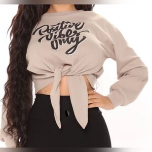 Tie-Front Crop Sweatshirt - Beige "Positive Vibes Only"